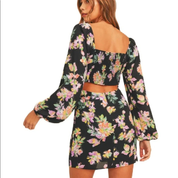 Lush NEW Square Neck Mini Dress Back Smocking Cutout Detail Dark Floral Print - Picture 2 of 16